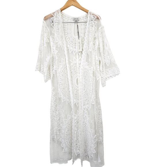 Rachel Zoe Lace Duster White Kimono Cover Up Embroidered Open Front OS Boho - Picture 2 of 15